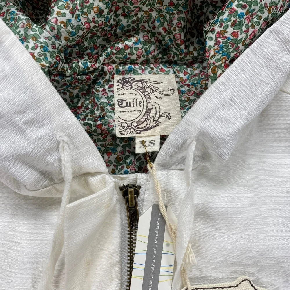Tulle Hooded Trench Coat Floral Lined‎ Lightweight Jacket White XS